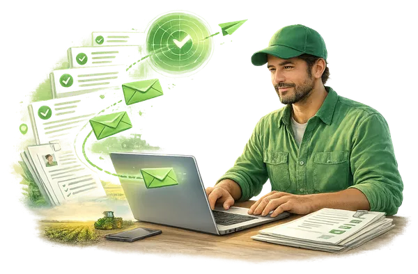 Candidato organizando e enviando aplicações para oportunidades agrícolas