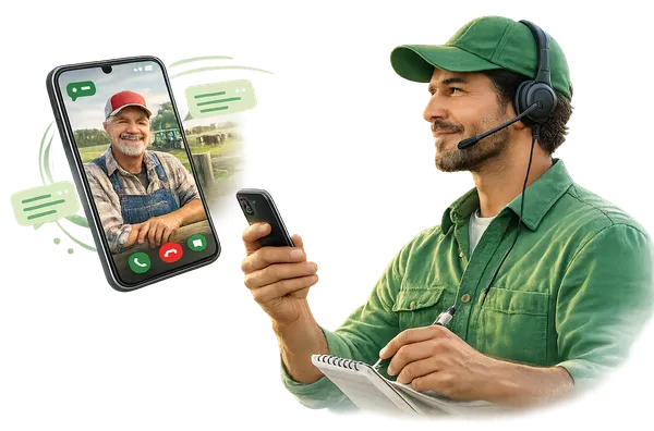 Profissional rural treinando entrevista por ligação com fazendeiro